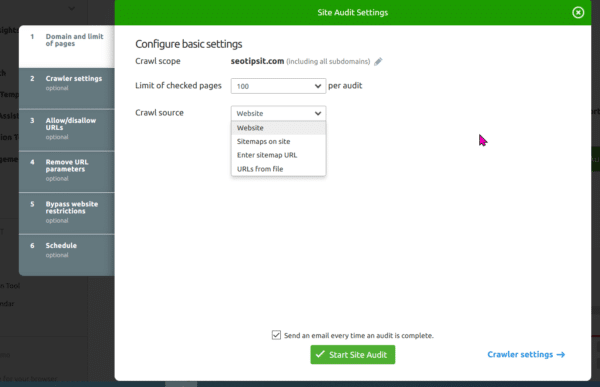 semrush site audit settings