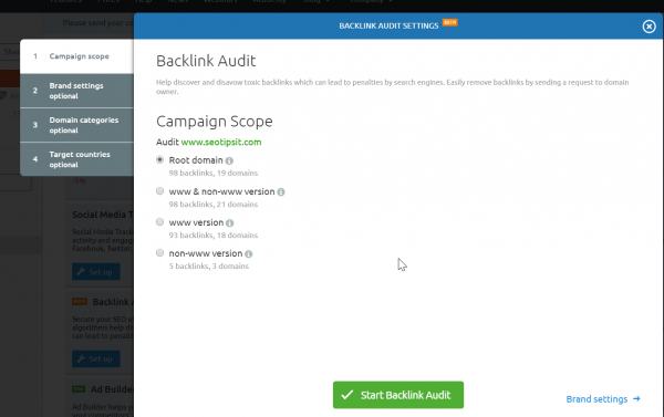 backlink audit settings sem tool