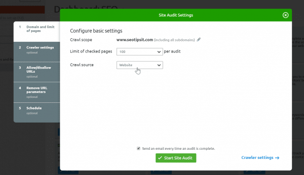 site audit settings sem tool