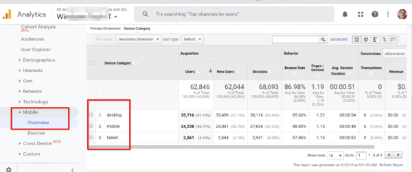 google analytics device category report