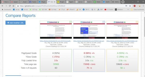 compare page speed test without wp rocket gtmetrix