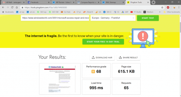 pingdom page speed test results with wp rocket