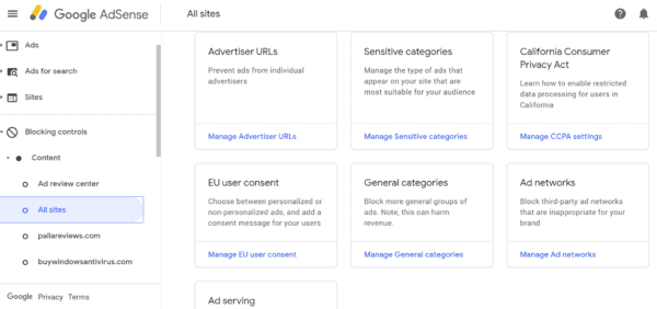 blocking controls google adsense