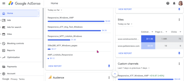 google adsense home reports